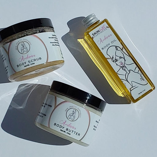 Ambrosia Collection. The collection includes a body scrub, body butter and body oil.