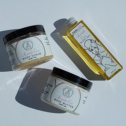 Amaretto Sour Collection. This set includes a Body scrub, body butter and body oil.